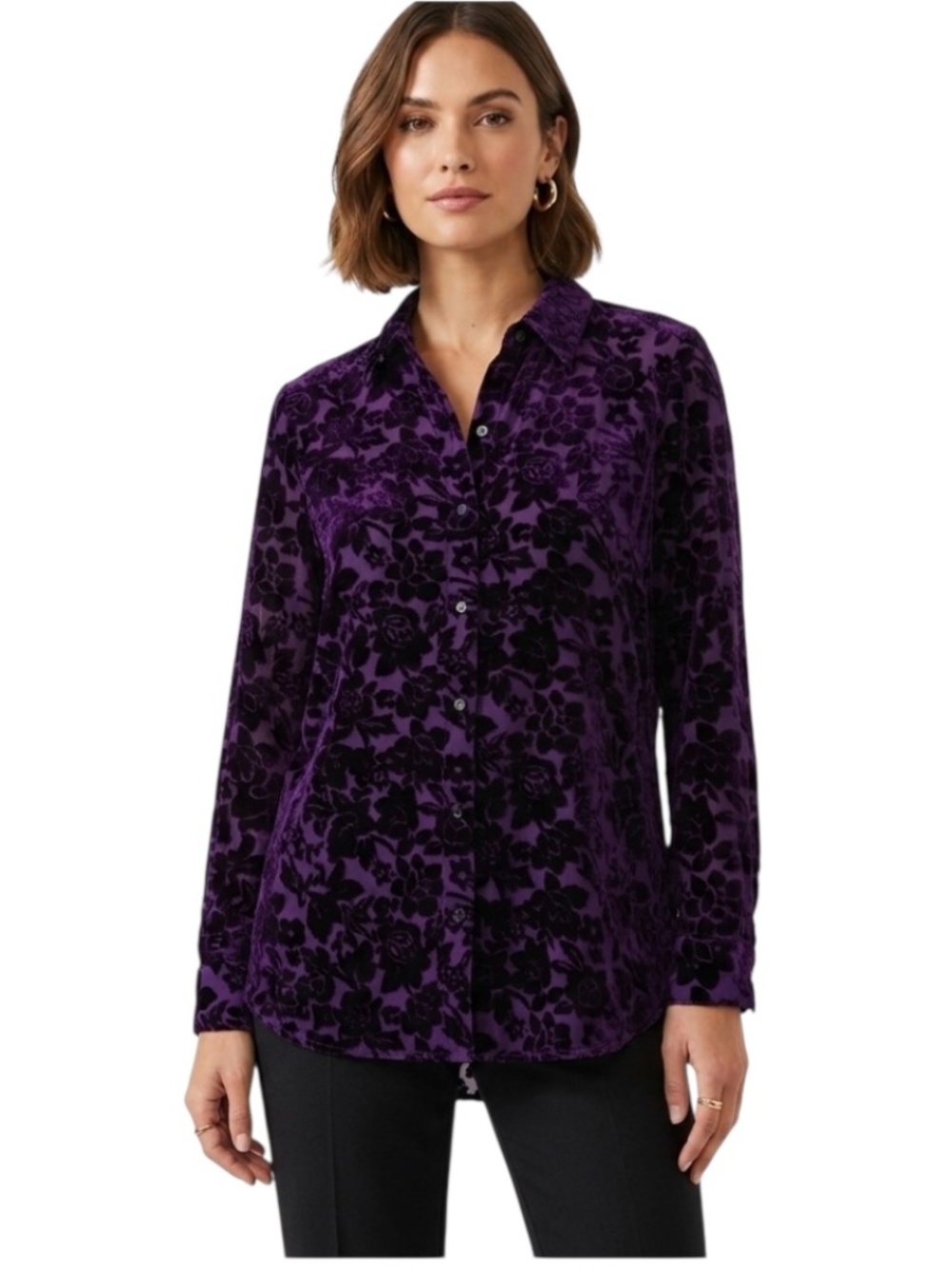 Silk Blend Velvet Burnout Button Down Blouse Sz L Purple Sheer Whimsigoth Vampy
